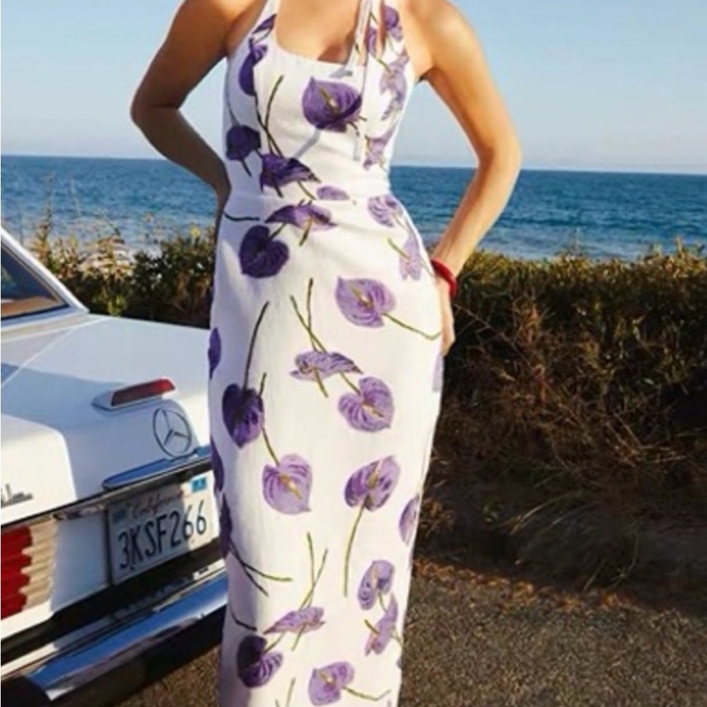 Reformation Yana Linen Dress Size 0 halter tie White and Purple Floral - Picture 2 of 6